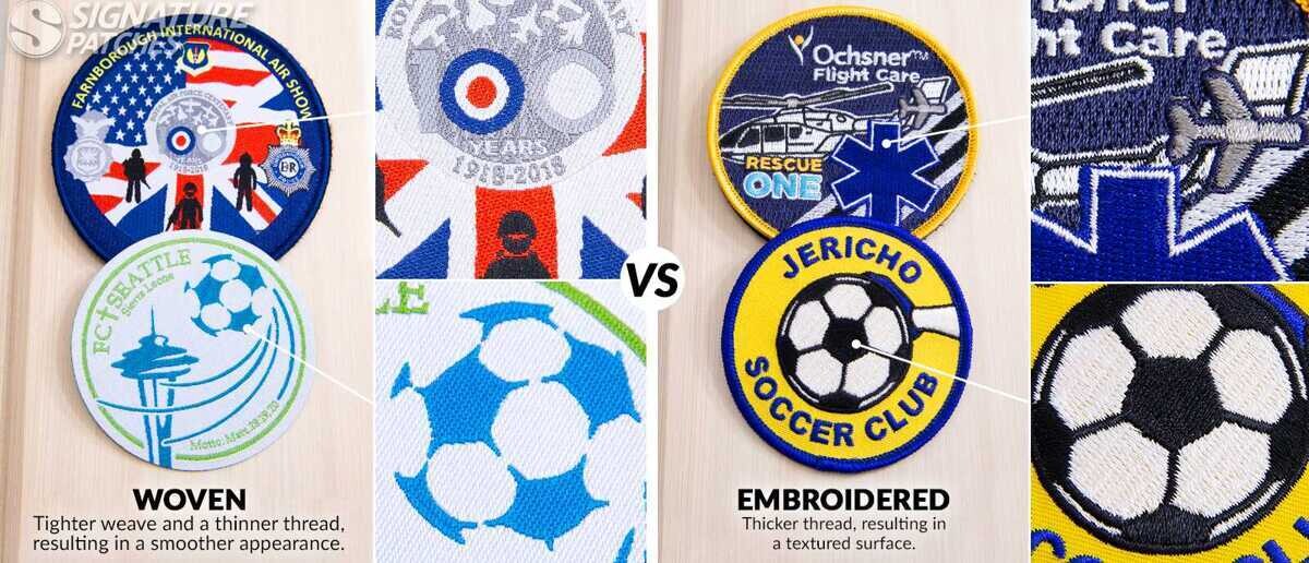 Side-by-side comparison showing woven patch smooth texture versus embroidered patch raised texture
