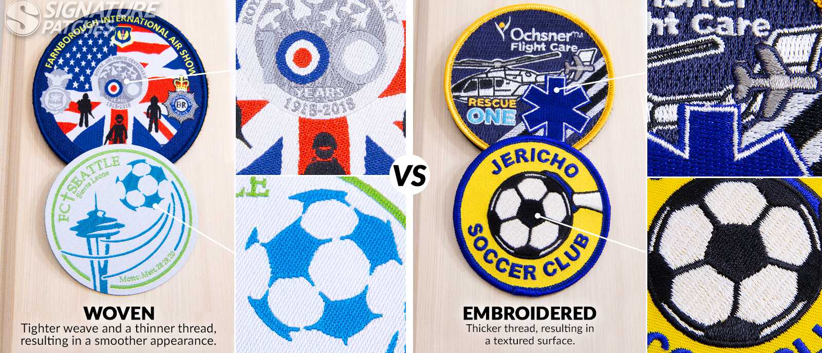 Side-by-side comparison showing woven patch smooth texture versus embroidered patch raised texture