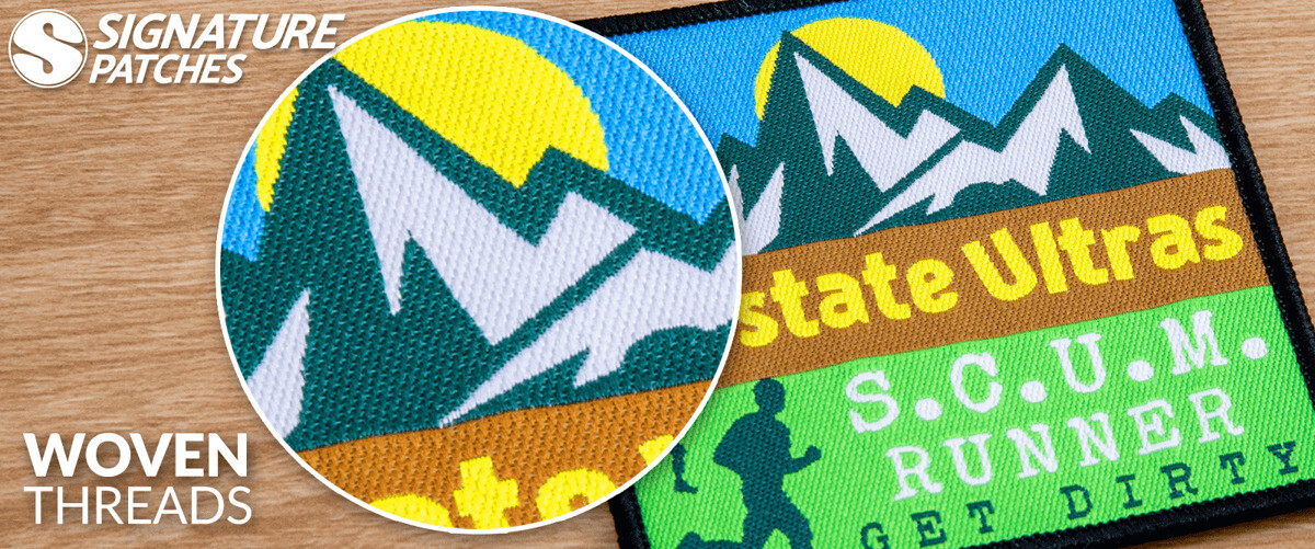 Collection of woven thread patches featuring detailed logos and text designs
