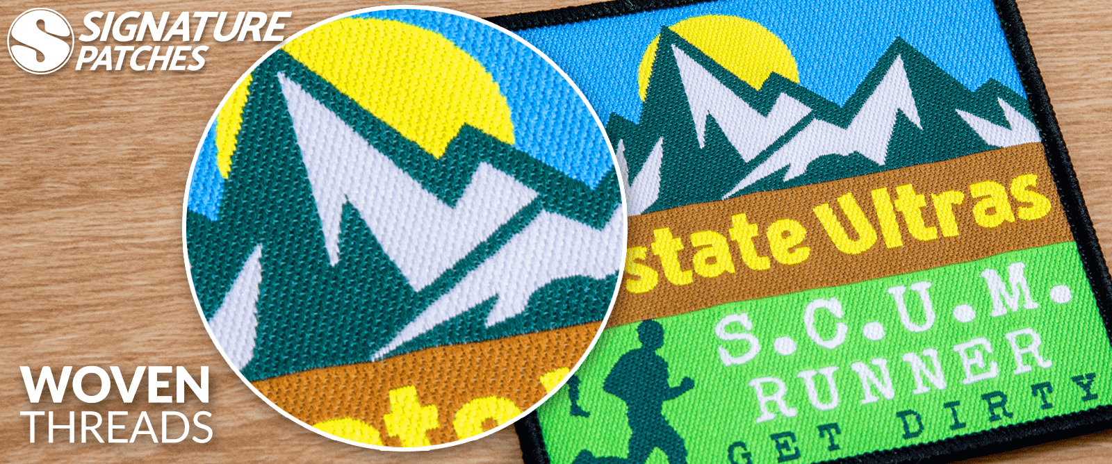 Collection of woven thread patches featuring detailed logos and text designs